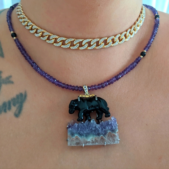 Amethyst Stalactite Carved Black Onyx Panther 14k gold And S.Silver Necklace